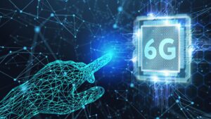 Representação visual de hologramas digitais e Internet de conectividade 6G futurista.