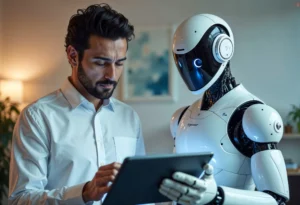 Colaboração entre humanos e IA, com um robô e uma pessoa interagindo com tecnologia.